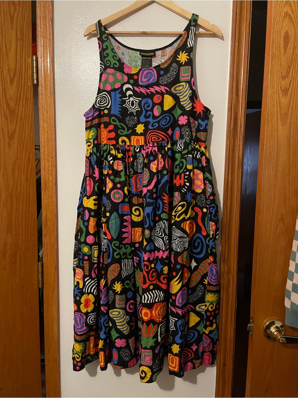Nooworks “Party Mix” Naomi Linen Black Multi Abstract Maxi Tank Dress